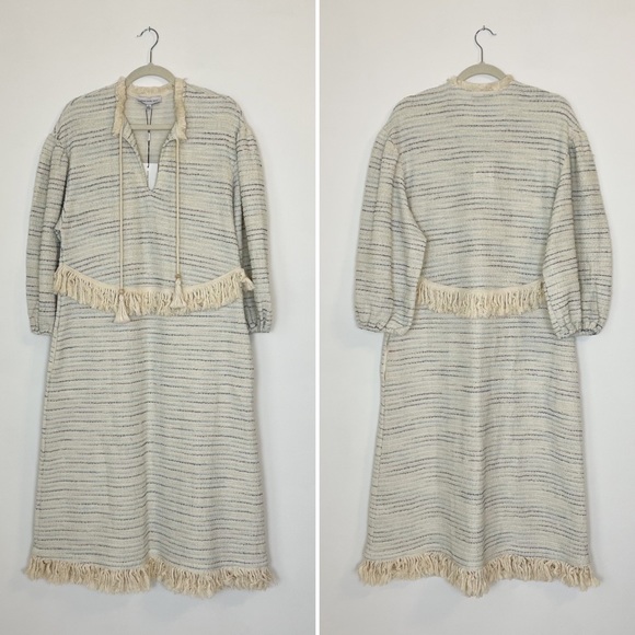 NWT Something Navy Piper Fringe Dress Boho Tasseled Knitted Midi Cream Sz Large - Picture 5 of 11